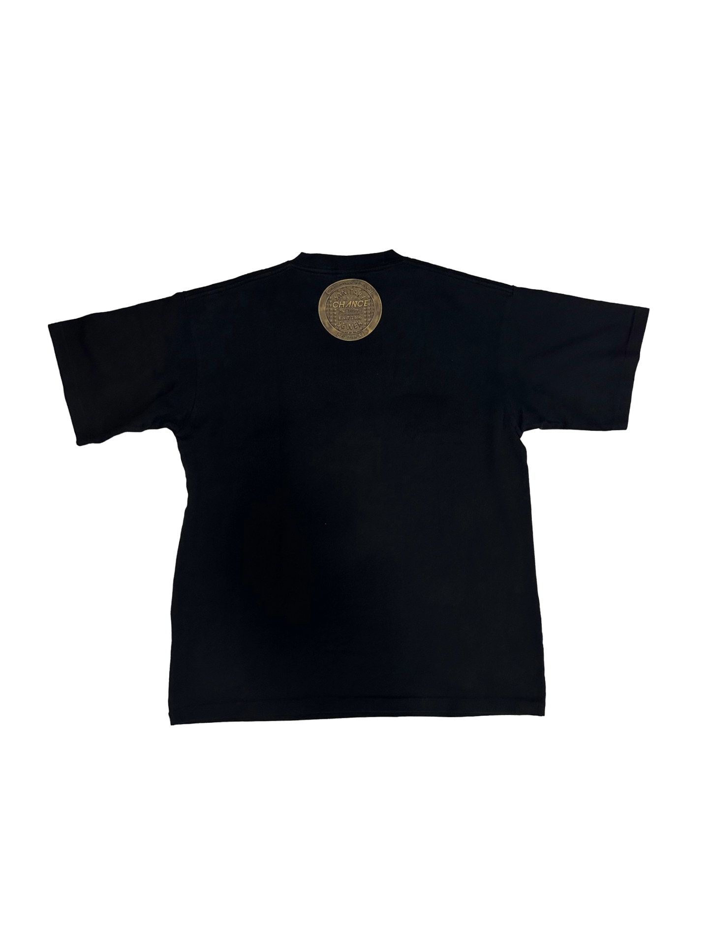 Back view of a black short sleeve t-shirt featuring a round logo on the upper back.