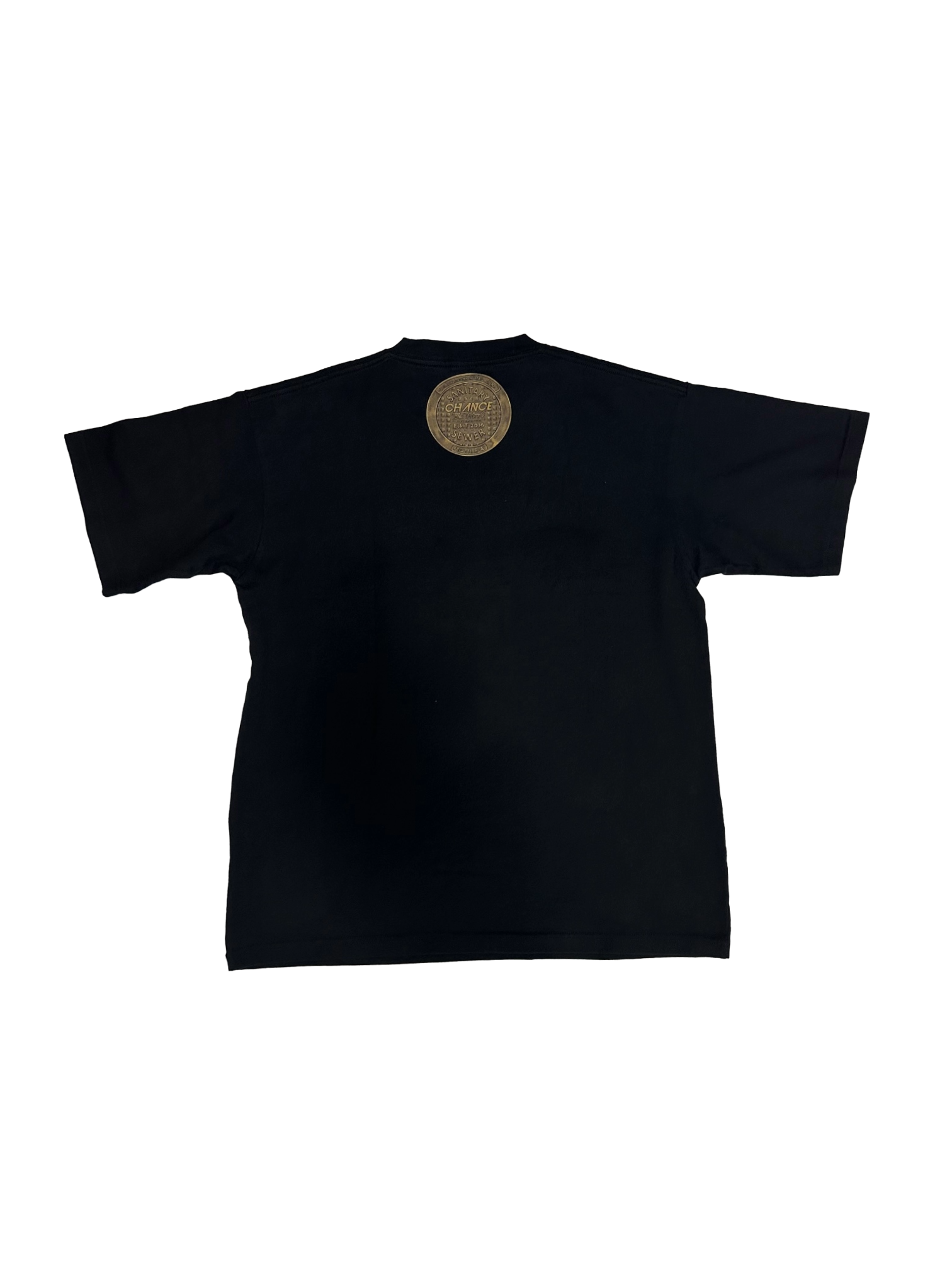 Back view of a black short sleeve t-shirt featuring a round logo on the upper back.